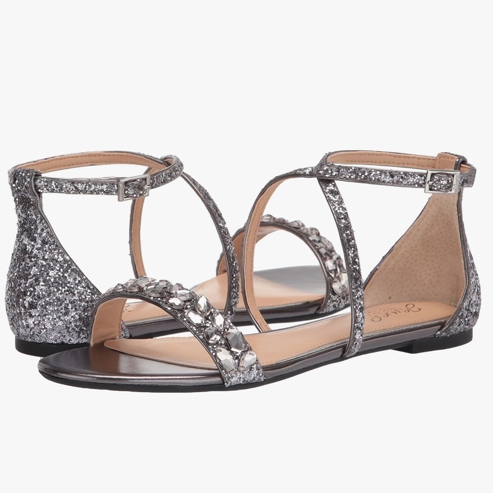 Jewel Badgley Mischka Women's Osome Cross Strap Sandal, Smoke Glitter
